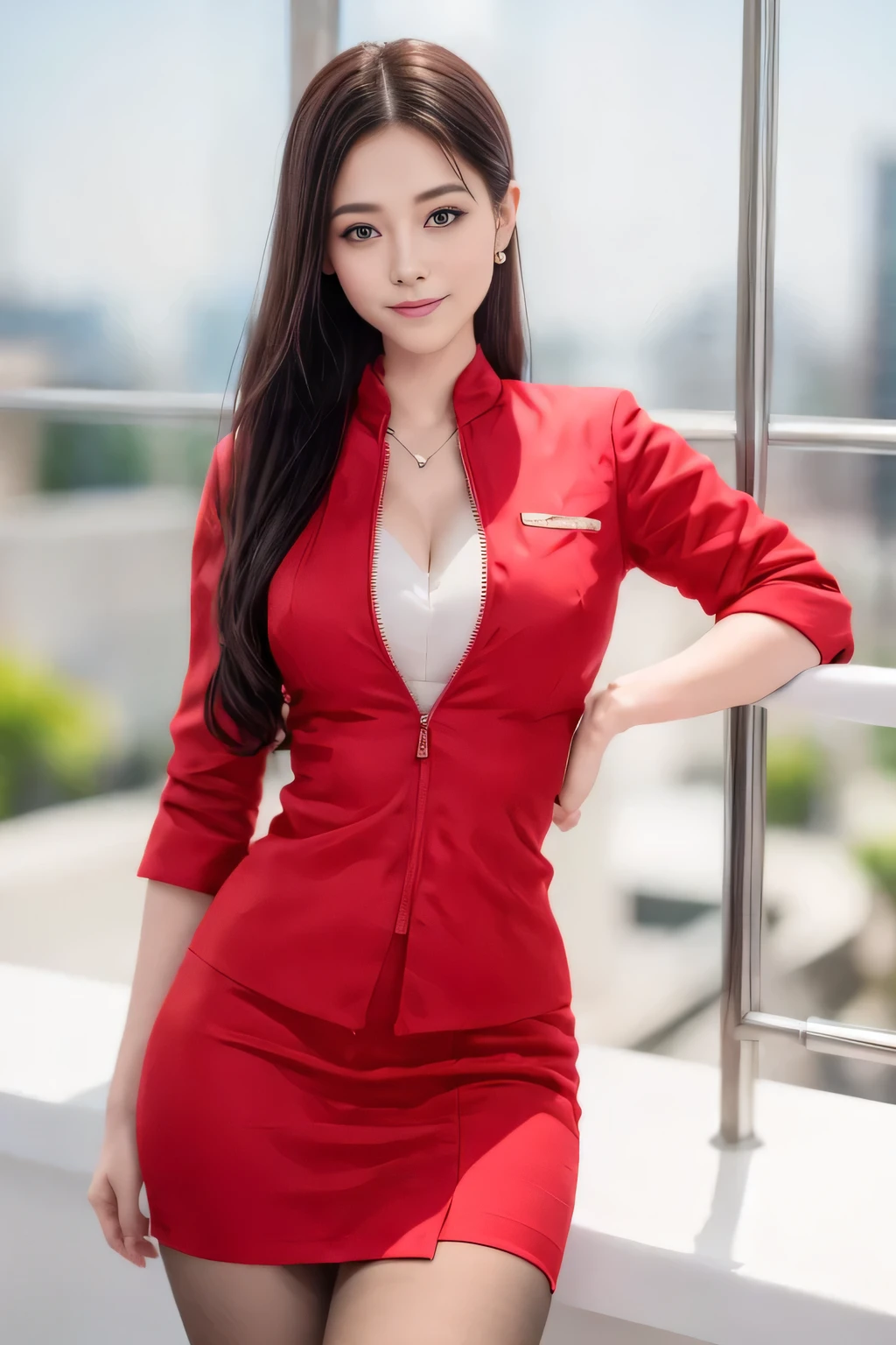 (masterpiece:1.2, Highest quality:1.2), 32k HDR, High resolution, (alone, 1 Girl), (AirAsia stewardess uniform realistic style), A proper woman, Beautiful Face, Brown Hair, (Long hair down to the legs), (Red jacket:1.1, Unzipped jacket, Unbuttoned white shirt:1.05, Red mini skirt:1.1, pantyhose),(Showing big through cleavage in unbuttoned white shirt)、(long hair that reaches down to the legs)、Perfect slim body:1.1, Huge breasts, huge breasts cleavage, Detailed skin texture, Beautiful Eyes, (Attractive look:1.2), necklace、Earrings、(forward leaning posture:1.5), On the roof of a building, Rooftop at daytime,Blue eyes、Hands should be lowered