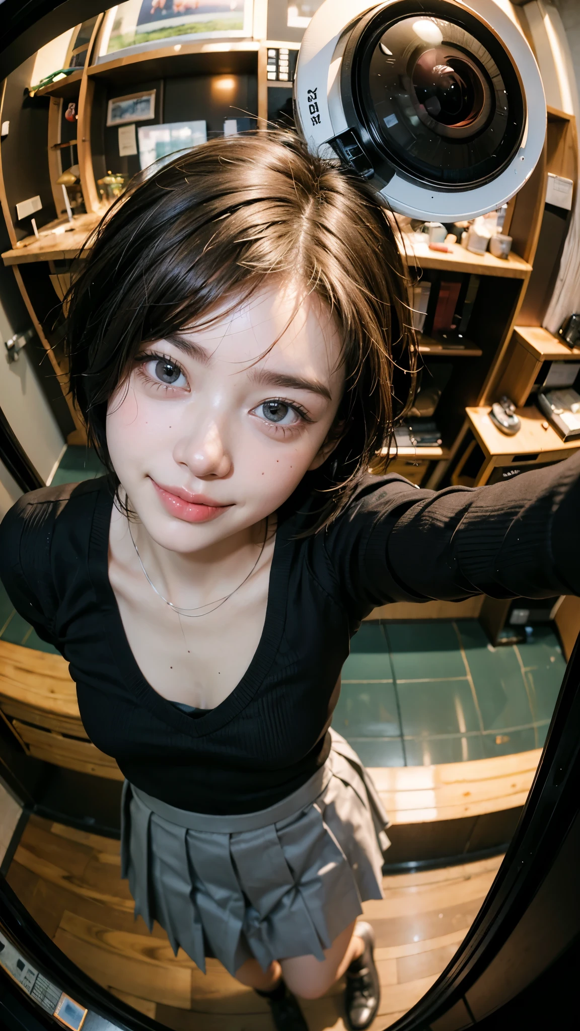 Highest quality, masterpiece, Ultra-high resolution,8k, (Realistic:1.6), (Close-up portrait:1.4) RAW Photos, ((School Uniform Pleated Mini Skirt)),((Full body photo)),1 person,A slender adult 26-year-old woman,(Full of smiles, )), ,((Short Hairstyles)),((Looking up at the audience)),Face Focus:1.4,((Shooting from above with a fisheye lens:1.4)),