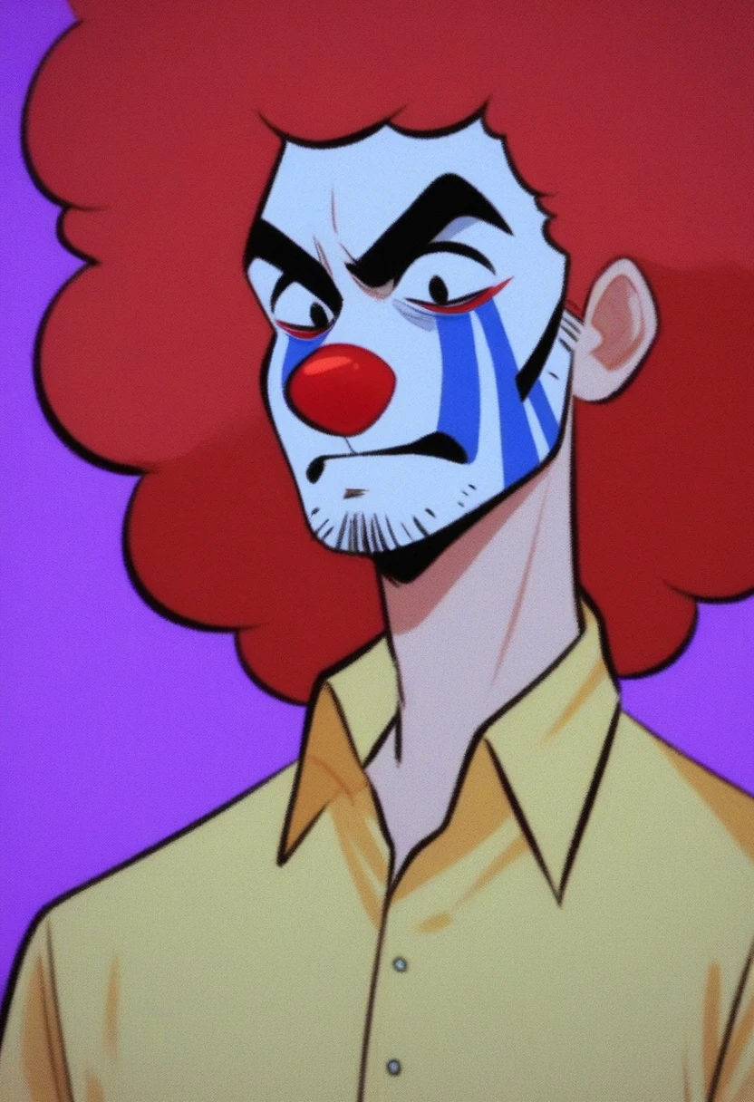 ronald_mcdonald, solo, simple background, shirt, long sleeves, 1boy, upper body, male focus, red hair, striped, collared shirt, purple background, yellow shirt, afro, clown, angry expression, red nose, facial hair, face paint, red and white striped sleeves,