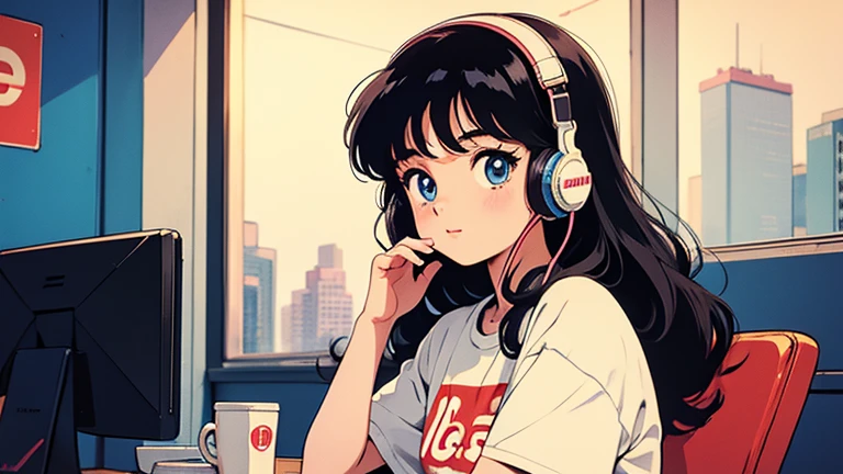 retro, city pop , anime, manga, 22years, girl, put on headset with out mic, wearing a supreme t-shirts, cafe, listning music, blue eyes, curly black hair