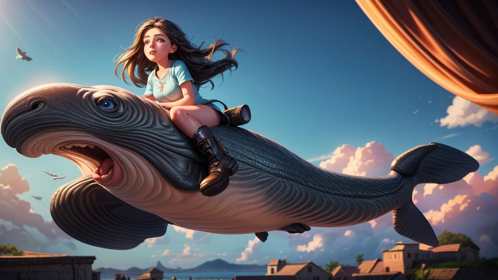 a whale flying through space, girl riding on whale's back, dramatic cinematic lighting, vibrant colors, masterpiece, 8k, photorealistic, digital painting, ultra-detailed, sharp focus, physically-based rendering, vivid colors, professional