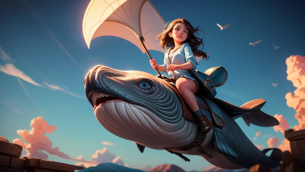 a whale flying through space, girl riding on whale's back, dramatic cinematic lighting, vibrant colors, masterpiece, 8k, photorealistic, digital painting, ultra-detailed, sharp focus, physically-based rendering, vivid colors, professional