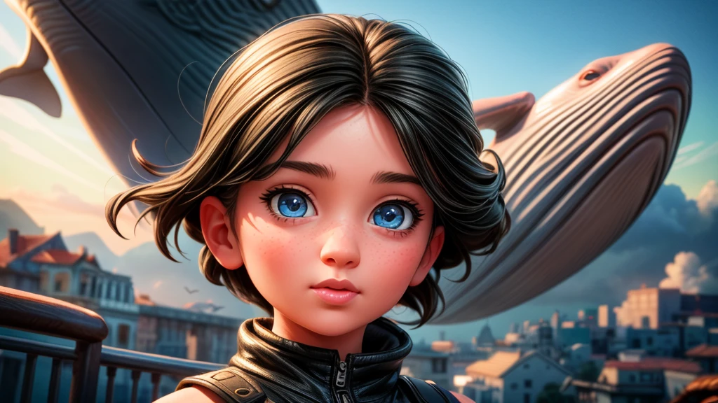 a girl riding a flying whale, clear sky, refreshing wind, beautiful detailed eyes, beautiful detailed lips, extremely detailed eyes and face, long eyelashes, detailed studio lighting, high quality, 8k, photorealistic, masterpiece, digital painting, dramatic lighting, vibrant colors, cinematic composition