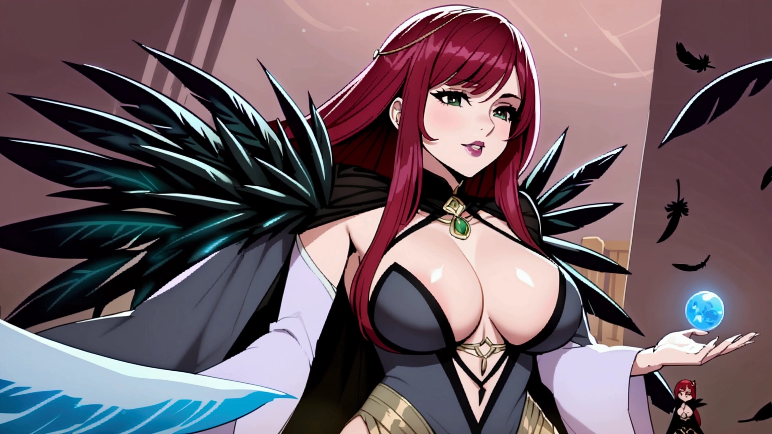 A sorceress with long red hair, long black low-cut dress, black feathers on the shoulders of the dress, bountiful breasts, evil gaze