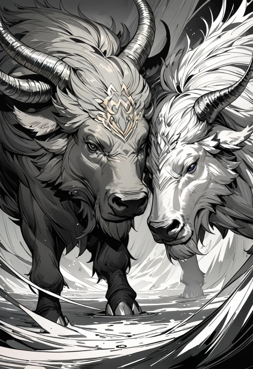 A yak tattoo,Full of wildness，coordination，Rich gray details, Microrealism, Line Art