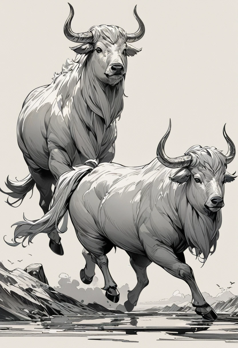 A yak tattoo,Full of wildness,coordination,Rich gray details, Microrealism, Line Art