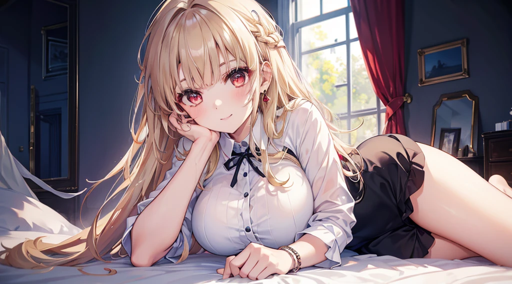 Highest quality, masterpiece, figure, wallpaper,One girl,White shirt, Light Hair, Beautiful detailed girl, Highly detailed eyes and face, Beautiful attention to detail, Shine,Browsing Caution, View your viewers, bed, night, Black Pantyhose, Straight hair, Red Eyes, long hair,Blonde, thick_Thighs, Large Breasts, Red eyes,Sitting,beautiful finger, clear background, deep night, Lying down、smile、Big earrings、bracelet