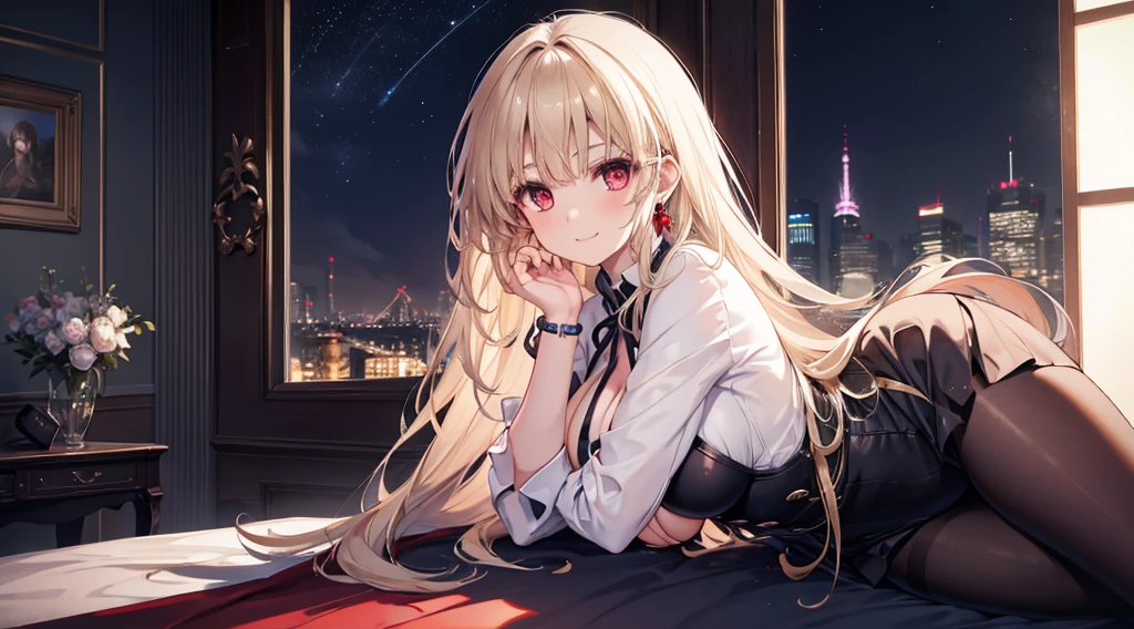 Highest quality, masterpiece, figure, wallpaper,One girl,White shirt, Light Hair, Beautiful detailed girl, Highly detailed eyes and face, Beautiful attention to detail, Shine,Browsing Caution, View your viewers, bed, night, Black Pantyhose, Straight hair, Red Eyes, long hair,Blonde, thick_Thighs, Large Breasts, Red eyes,Sitting,beautiful finger, clear background, deep night, Lying down、smile、Big earrings、bracelet