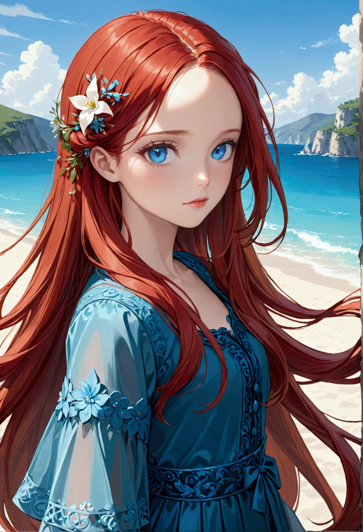 Long red hair and blue eyes