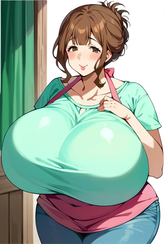 anime colord,kazami torino,(gigantic breasts:1.4),wide hip,thick thighs,plump,mature female,brown hair,updo,lipstick,tareme,light green shirt,pink apron,brue jeans,cowboy shot,blush