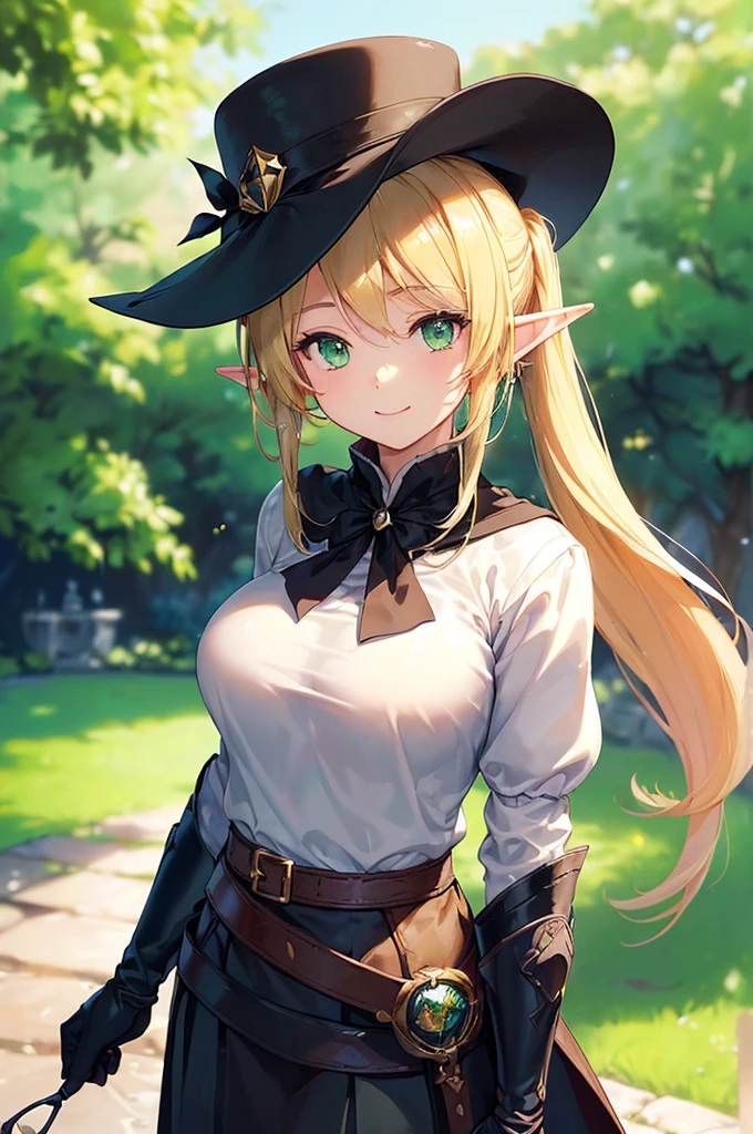 (((masterpiece; best quality: 1.2))), (finely detailed eyes: 1.3), (25 year old elf woman), (solo), (green eyes: 1.4), (body; big breasts, fit, femenine: 1.3), (silky blonde hair in low ponytail: 1.3), (beautiful and clear background: 1.2), ((depth of field)), (equipment: adventurer attire + modest + elegant wide-brimmed hat + dark blouse + dark cape + black long skirt + gloves + belt + pouches: 1.3), (anime illustration: 1.2), (background composition; royal garden: 1.1), (extremely fine and beautiful: 1.1), (shot composition; standing + centered on torso + close-up: 1.5), (expression; calm, smile: 1.2)