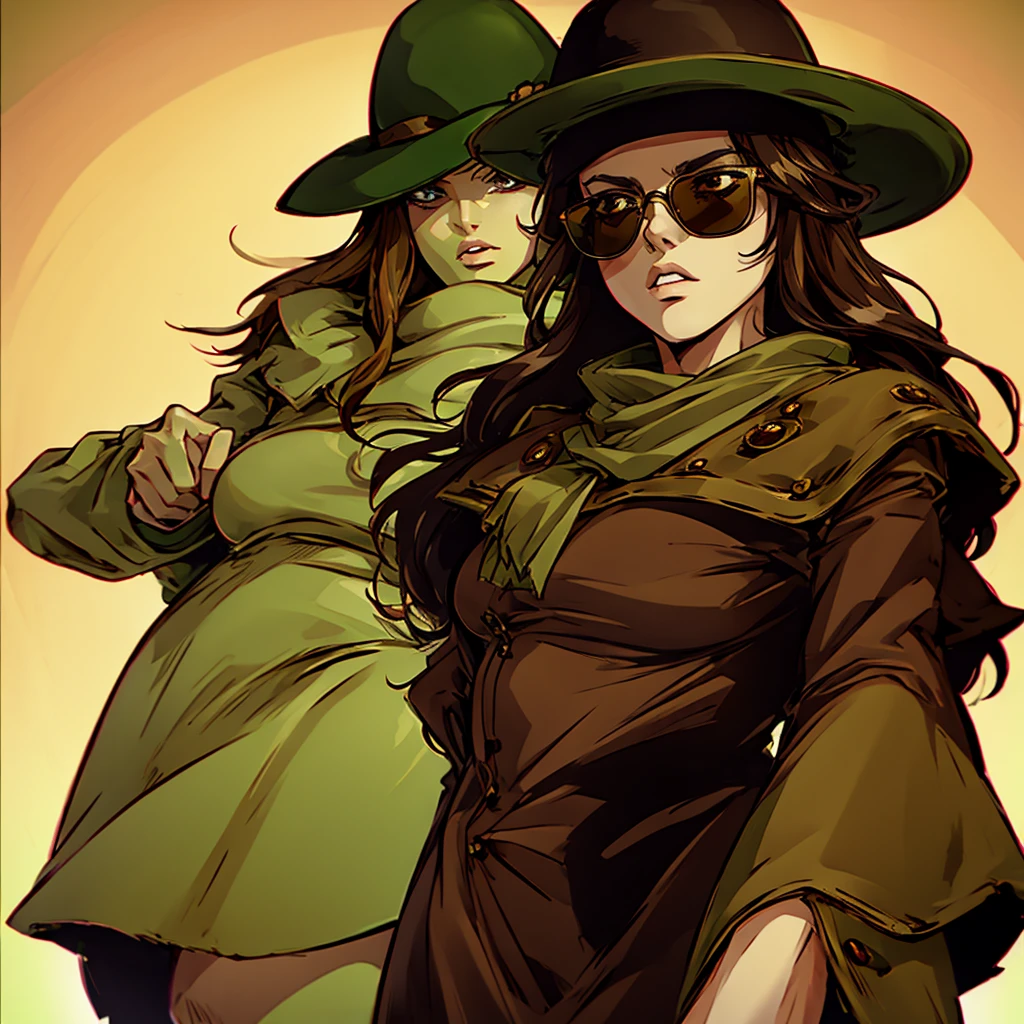 Green skin woman. Brown Hat. Brown Overcoat. Sunglasses. Dark green long hair