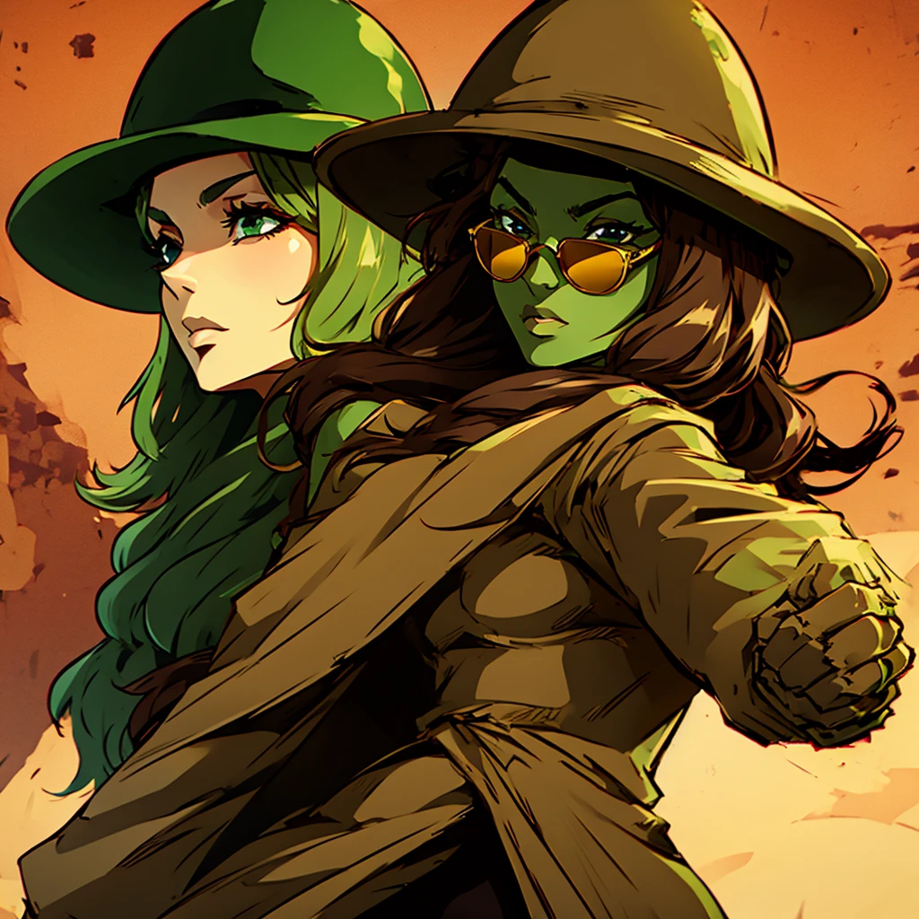 Green skin woman. Brown Hat. Brown Overcoat. Sunglasses. Dark green long hair