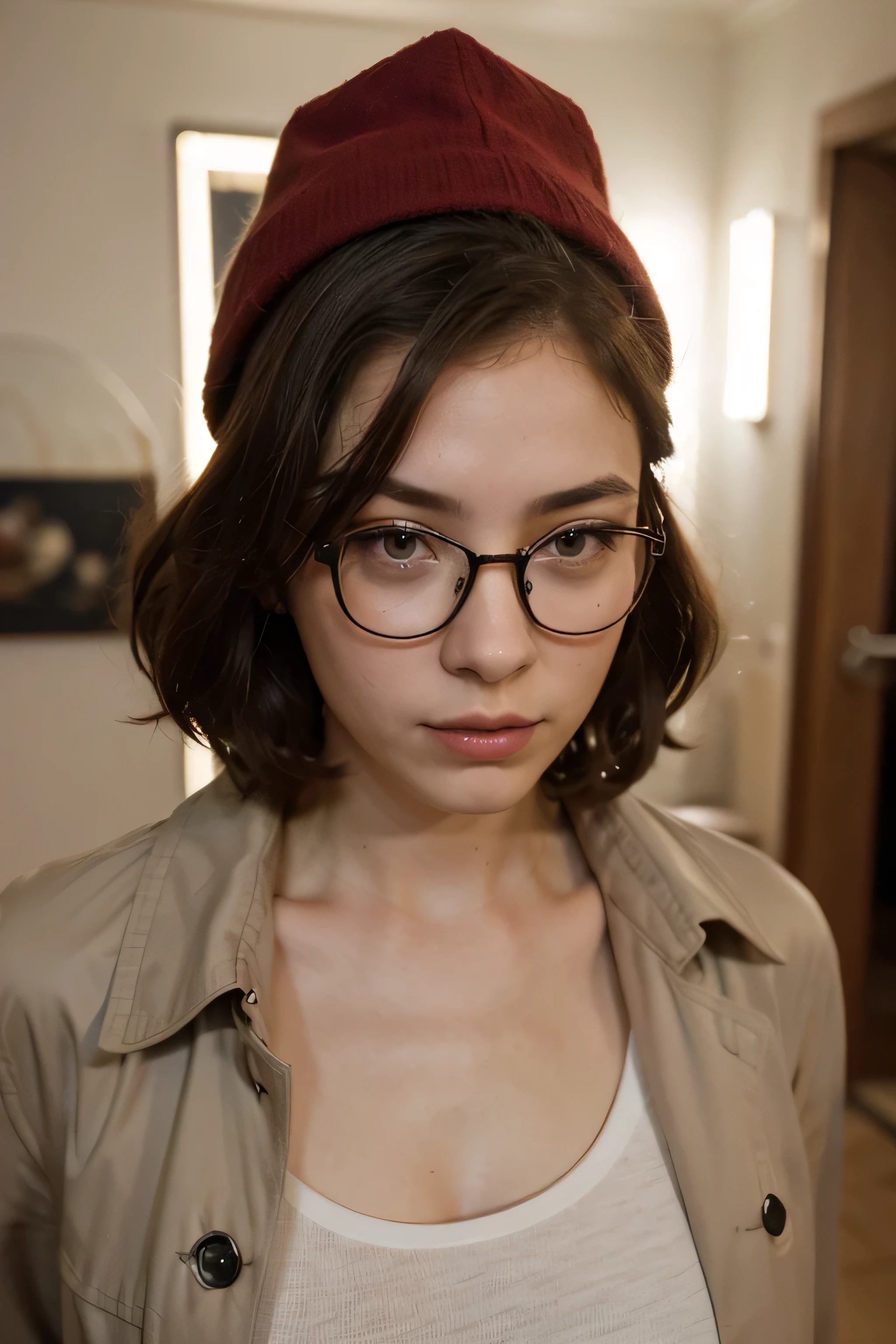 ((best qualityer)), ((work of art)), (Reality), (detailded), 1 American girl, redheadwear, trench coat, glasses, inside the room, rosto de frente, serious and confident expression