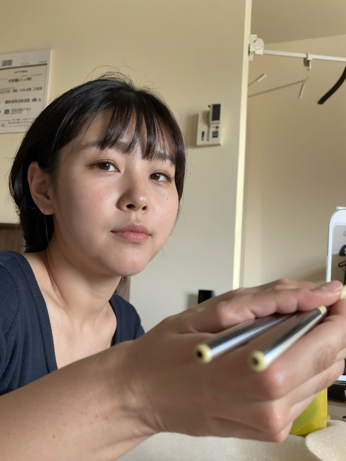 best quality, face focus, soft light, ultra high res, (photorealistic:1.4), RAW photo,
1japanese girl, solo, cute, (pupil, lights in the eyes),  detailed beautiful face, (small chest),(high resolution detail of human skin texture),
(long hair),
indoor,
Damask Shirt Dress,
(portrait)