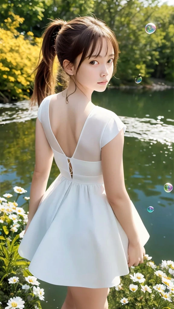 (masterpiece), (Highest quality), (Super detailed),(Dish-shaped hair),(figure), (One girl), (Fashionable clothes), Are standing, Fashion Model, View your viewers, (interview), (Simple Background), Beautiful and delicate eyes, delicate beauty, floating, (High saturation), (Colorful Splash), Colorful bubbles, (Shine), Focus on the face, ponytail, bangs, Hair Circle, floating flowers, Flowing Hair, (Shiny), Best lighting, Best Shadow, whole body, Overlooking