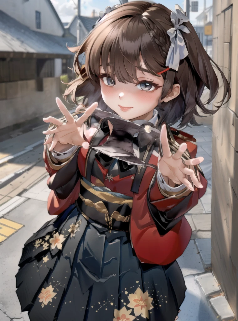 朝Day \(Kantai Collection\), One girl, alone, skirt, bow, shirt, View your viewers, white shirt, black skirt, Long sleeve, Outdoor, smile, kimono, bangs, Wide sleeves, blush, red Jacket, Floral print, Hair between the eyes, Day, cloud, null, collared shirt, Blurred background, kimono, chest, white bow, Blurred, Mouth closed, Medium Hair, pleated skirt, Are standing, In the same way, Jacket, Open clothes, 自分のchestに手を当てる, blue null, black In the same way, red bow, dress shirt, Cowboy Shot, original, Intricate details, figure, masterpiece, Highly detailed CG Unity 8k wallpaper, highlight, whet, dynamic, Panties