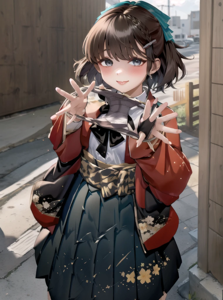 朝Day \(Kantai Collection\), One girl, alone, skirt, bow, shirt, View your viewers, white shirt, black skirt, Long sleeve, Outdoor, smile, kimono, bangs, Wide sleeves, blush, red Jacket, Floral print, Hair between the eyes, Day, cloud, null, collared shirt, Blurred background, kimono, chest, white bow, Blurred, Mouth closed, Medium Hair, pleated skirt, Are standing, In the same way, Jacket, Open clothes, 自分のchestに手を当てる, blue null, black In the same way, red bow, dress shirt, Cowboy Shot, original, Intricate details, figure, masterpiece, Highly detailed CG Unity 8k wallpaper, highlight, whet, dynamic, Panties