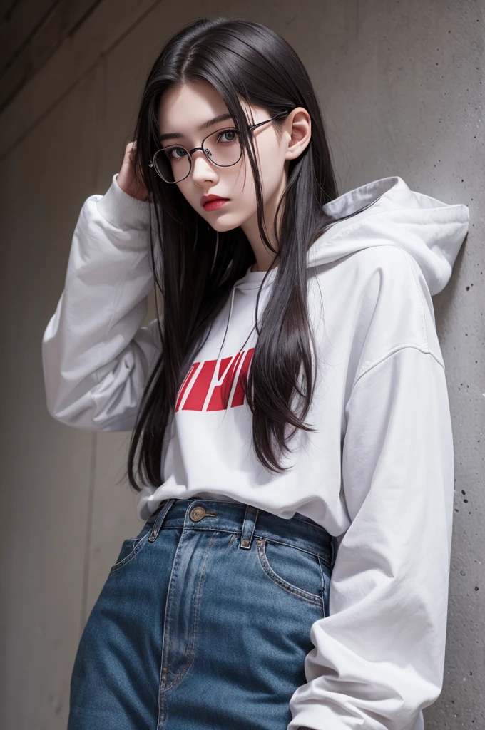 A tall man, offwhite, tomboy long hair, 16 yrs old, stark, kinda nerd, cool color clothes, inocent eyes, medium red lips, marked jaw