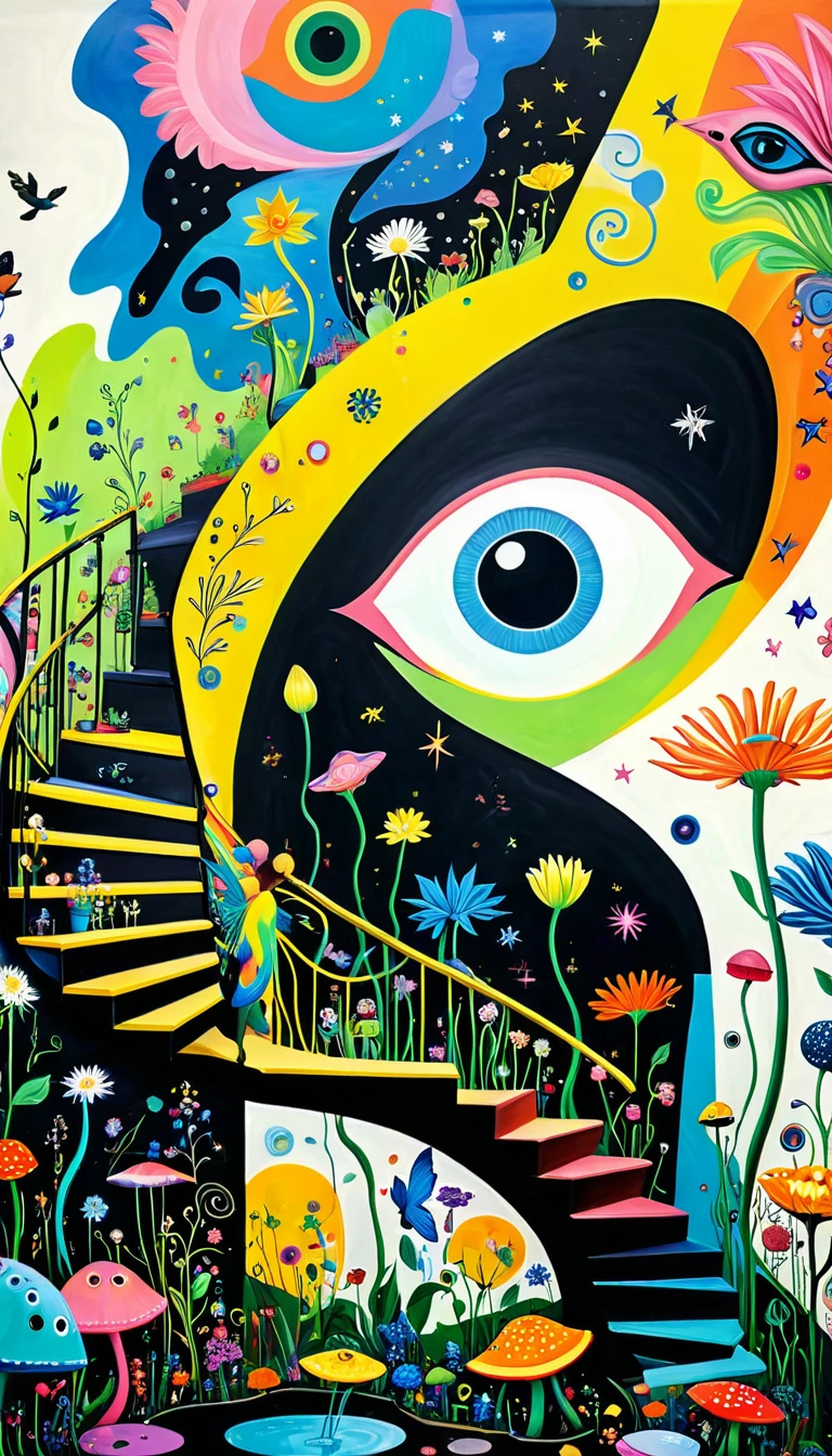 Children's graffiti,Thick coating，Concave and convex texture，Oil pastel strokes：Colorful black，Dopamine color matching，爱吃fish的猫、flowesh、spiral staircase、Tentacles、bird、(((Eye)))、diatom，Abstract mosaic painting，Describing the inner world of autistic people，Sense of space，White Space，interesting，Innocence，Psychedelic Art，
