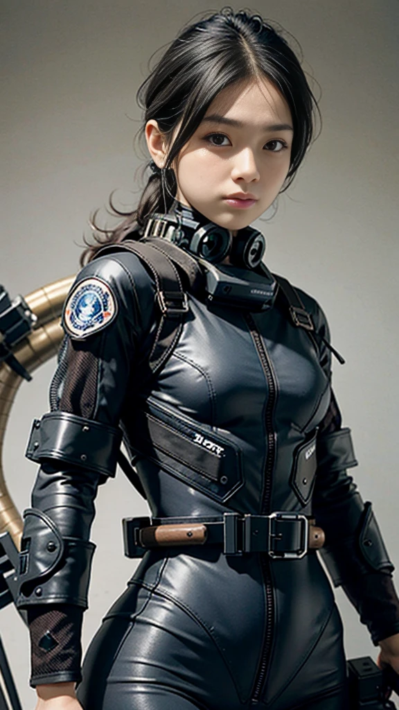 Highest image quality, outstanding details, ultra-high resolution, (realism: 1.4), ((close up:0.75)), highly condensed 1 lady, with beautiful and a delicate face, perfect proportion, aiming the viewer, ((aiming the viewer)), (chubby:0.3, small ), (cloths color base ratio black:0.4 white:0.5 other-color:0.1), (wearing rash-guard likes police uniform, black and gray mecha, wearing high-tech heavy gasmask, military harness, holding a machinegun, carrying hich-tech-flamethrower -tank on back), captain, background simple grey wall,