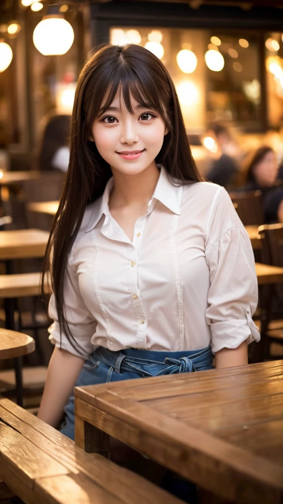 Cute girl working at a cafe terrace　Japanese　１９age　
Professional Lighting　Digital SLR　Beautiful and elaborate face　Perfect and beautiful face　Big eyes Smile