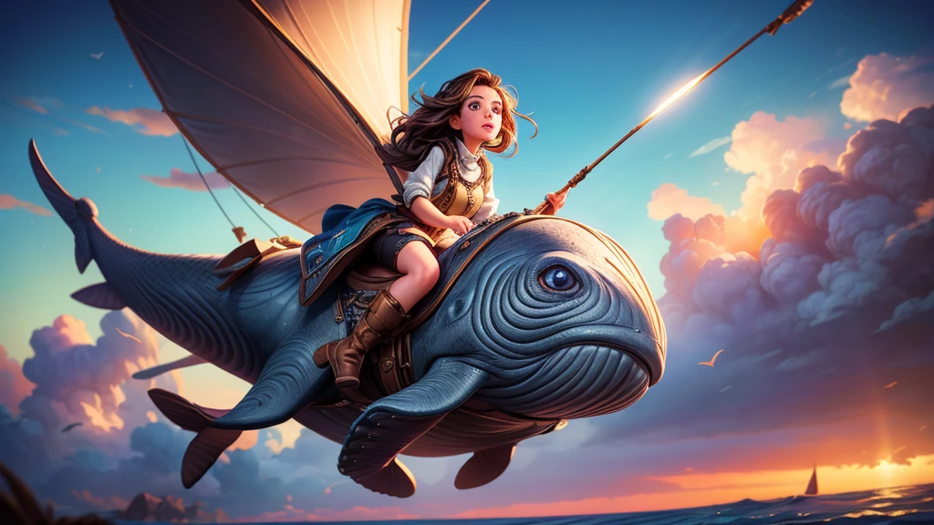 a whale flying through space, girl riding on whale's back, dramatic cinematic lighting, vibrant colors, masterpiece, 8k, photorealistic, digital painting, ultra-detailed, sharp focus, physically-based rendering, vivid colors, professional