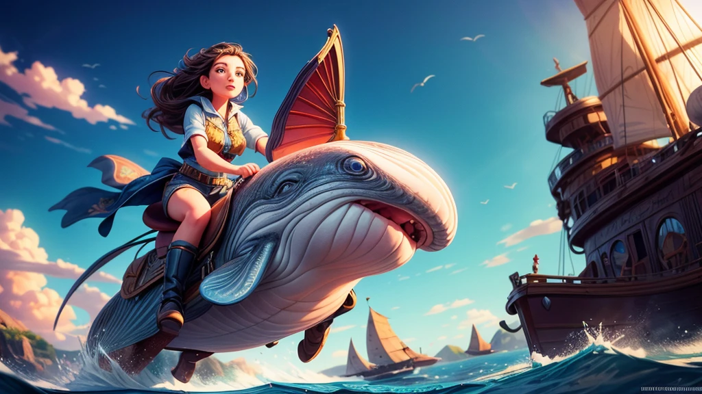 a whale flying through space, girl riding on whale's back, dramatic cinematic lighting, vibrant colors, masterpiece, 8k, photorealistic, digital painting, ultra-detailed, sharp focus, physically-based rendering, vivid colors, professional