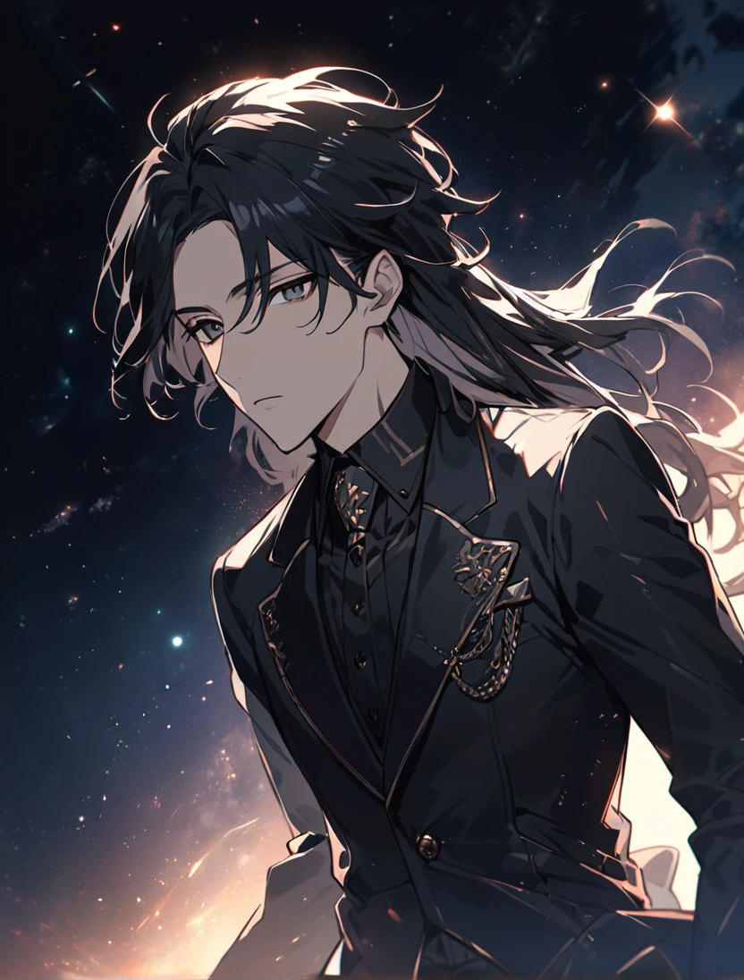 (black_hair), (long_male_hair), (deep_black_eyes), (detailed_eyes), (attractive_and_handsome), (emotionless), (Deep_space_background), (male), (wears_black_suit), (long_male_hair), (detailed_Hair), (detailed), (detailed_mouth), (vertical_pupils), (detailed), (on_his_twenties), (Europian) 