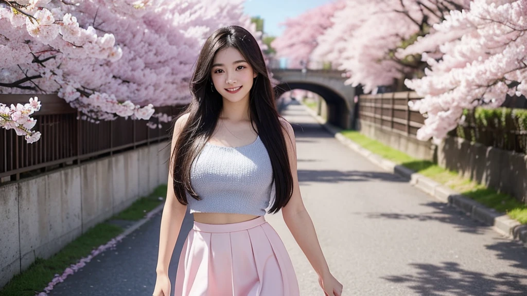 Draw a sexy 20-year-old girl with straight long black hair, smiling while standing in a tunnel of cherry blossoms. She is wearing a mini skirt and a top with a low neckline, emphasizing her figure. The spring light bathes her, with pink petals fluttering in the wind. The background features a blue sky and white clouds, evoking a sense of hope for the future and the beginning of a new season. The girl's gaze is fixed on the future, with a radiant smile that stands out. Capture a scene where her smile blooms under the cherry blossoms, illuminating her bright future.Beautiful big breasts: 1.3