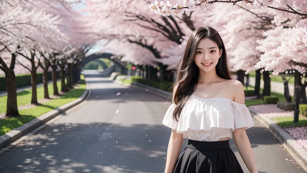 Draw a sexy 20-year-old girl with straight long black hair, smiling while standing in a tunnel of cherry blossoms. She is wearing a mini skirt and a top with a low neckline, emphasizing her figure. The spring light bathes her, with pink petals fluttering in the wind. The background features a blue sky and white clouds, evoking a sense of hope for the future and the beginning of a new season. The girl's gaze is fixed on the future, with a radiant smile that stands out. Capture a scene where her smile blooms under the cherry blossoms, illuminating her bright future.Beautiful big breasts: 1.3