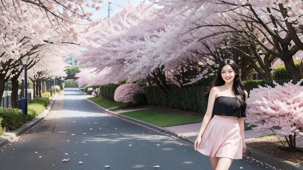 Draw a sexy 20-year-old girl with straight long black hair, smiling while standing in a tunnel of cherry blossoms. She is wearing a mini skirt and a top with a low neckline, emphasizing her figure. The spring light bathes her, with pink petals fluttering in the wind. The background features a blue sky and white clouds, evoking a sense of hope for the future and the beginning of a new season. The girl's gaze is fixed on the future, with a radiant smile that stands out. Capture a scene where her smile blooms under the cherry blossoms, illuminating her bright future.Beautiful big breasts: 1.3
