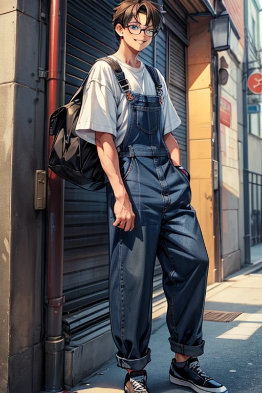 Create an image of a full body anime style girl character. The character has short brown hair, with a lock gathered on top. He wears large black-rimmed glasses and has big blue eyes.. He is smiling and is wearing a white t-shirt under long denim overalls and black vans..