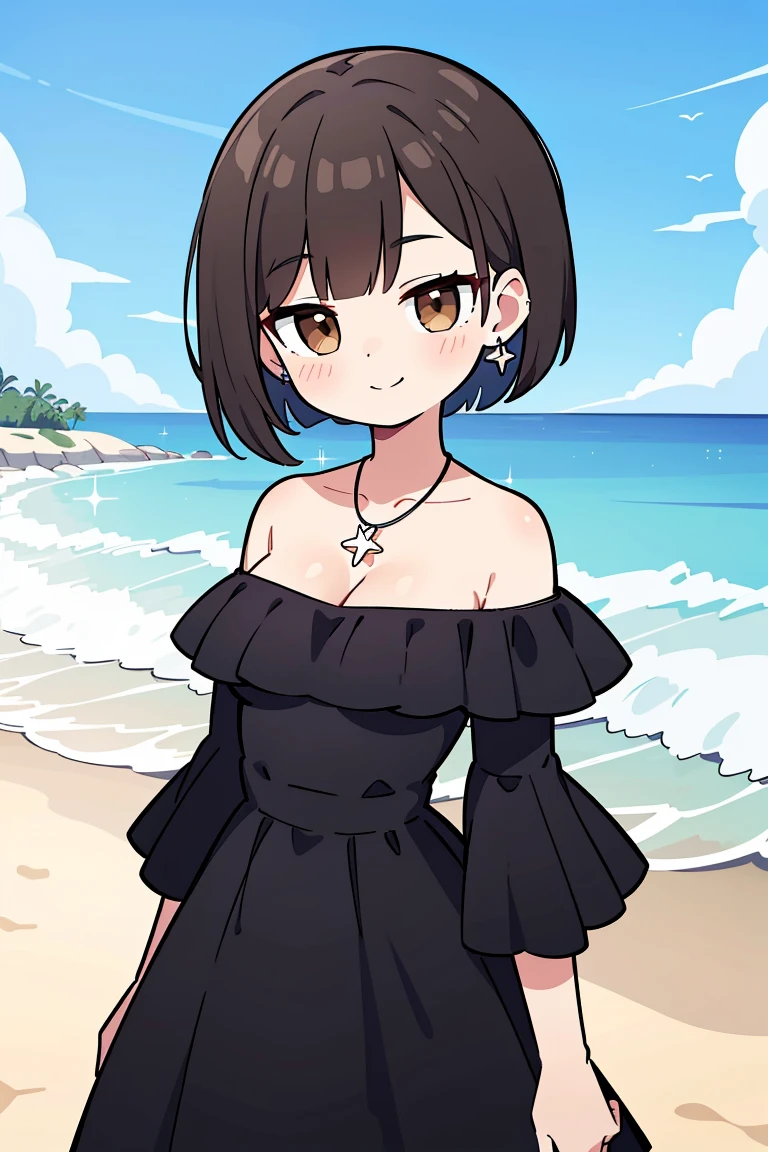 Best quality, Beautiful lighting, medium , cleavag hair, Short Hair, Bob Hair, 1 Girl, Solo, jewelry, Earrings, Brown eyes, lace off-the-shoulder top, Off-the-shoulder attire: 1.4, black and white dress, Smile, collarbone, necklace, Bare shoulders, (complex detailed background, sandbeach,beachside)