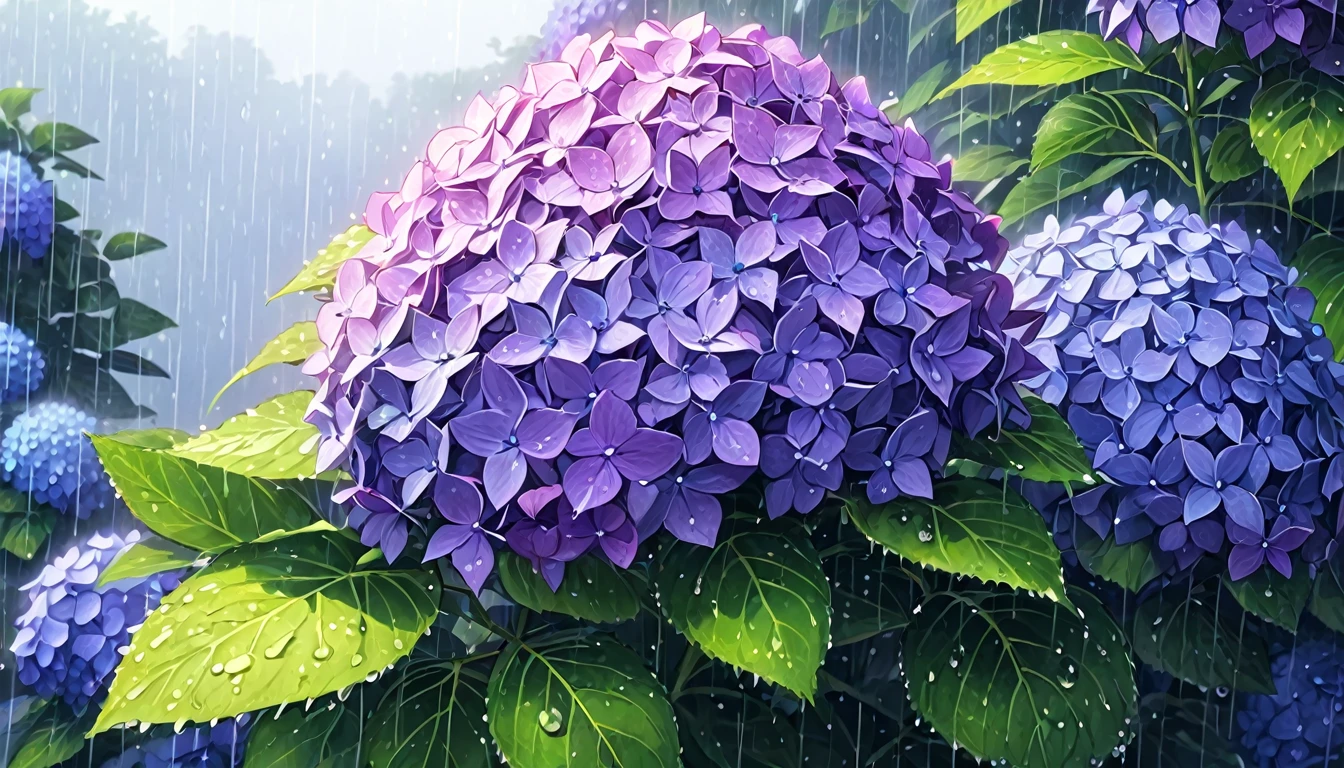 a beautiful rainy day, rain falling on purple hydrangea flowers, anime style, detailed environment, intricate floral patterns, soft lighting, vibrant colors, cinematic composition, digital painting art, masterpiece, best quality, 4k, ultra-detailed, realistic, photorealistic