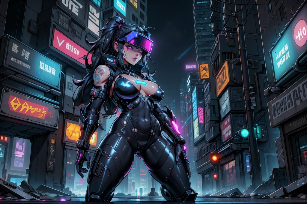 (best quality, masterpieces, high-res), cyberpunk, vulgar:1.2, futuristic cityscape, neon lights, technologically advanced metropolis, towering skyscrapers, dark alleyways, graffiti-covered walls, hovercars, holographic advertisements, augmented reality, heavy rain, smoke-filled streets, circuitry tattoos, chrome-plated cyborgs, augmented limbs, robotic prosthetics, destroyed buildings, flickering LED signs, rebellious hackers, underground cybernetic black market, virtual reality headset, flashing cybernetic eyes, dystopian society, bustling crowds, advanced weaponry, shiny latex outfit, provocative clothing, provocative poses, seductive gaze