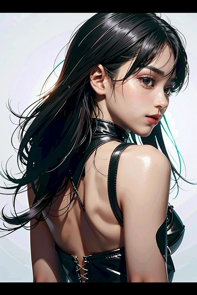 masterpiece, best quality, ultra-detailed, best shadow, beautiful detailed face, beautiful detailed eyes, High contrast,, 1girl, , (flat chest), bangs, hair over one eye, black bare shoulders,, white background:1.3, (face focus:1.3, eye close-up:1.3), ((from behind:1.3)), ass,
