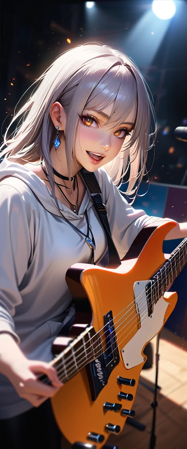 (Tabletop:1.3, Highest quality, Realistic, Very detailed, In detail, High resolution, 8k wallpaper), 1 beautiful girl, Band group vocal, Wearing a white hoodie, Singing on electric guitar, Stand microphone, Open your mouth, Beautiful Face, Detailed face, Beautiful Eyes,Brown eyes、 Detailed eyes, seems to be happy、smile, Earrings, necklace, Detailed guitar, (Straight guitar neck and strings), Medium length silver hair, On Stage, Spotlight, View your viewers、