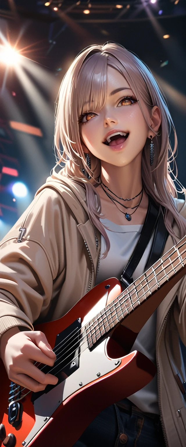 (Tabletop:1.3, Highest quality, Realistic, Very detailed, In detail, High resolution, 8k wallpaper), 1 beautiful girl, Band group vocal, Wearing a white hoodie, Singing on electric guitar, Stand microphone, Open your mouth, Beautiful Face, Detailed face, Beautiful Eyes,Brown eyes、 Detailed eyes, seems to be happy、smile, Earrings, necklace, Detailed guitar, (Straight guitar neck and strings), Medium length silver hair, On Stage, Spotlight, View your viewers、