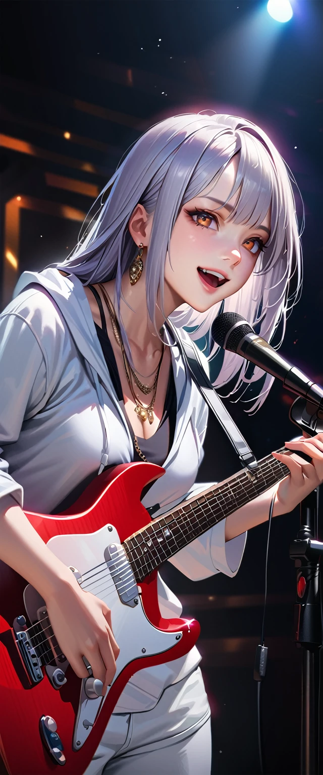 (Tabletop:1.3, Highest quality, Realistic, Very detailed, In detail, High resolution, 8k wallpaper), 1 beautiful girl, Band group vocal, Wearing a white hoodie, Singing on electric guitar, Stand microphone, Open your mouth, Beautiful Face, Detailed face, Beautiful Eyes,Brown eyes、 Detailed eyes, seems to be happy、smile, Earrings, necklace, Detailed guitar, (Straight guitar neck and strings), Medium length silver hair, On Stage, Spotlight, View your viewers、