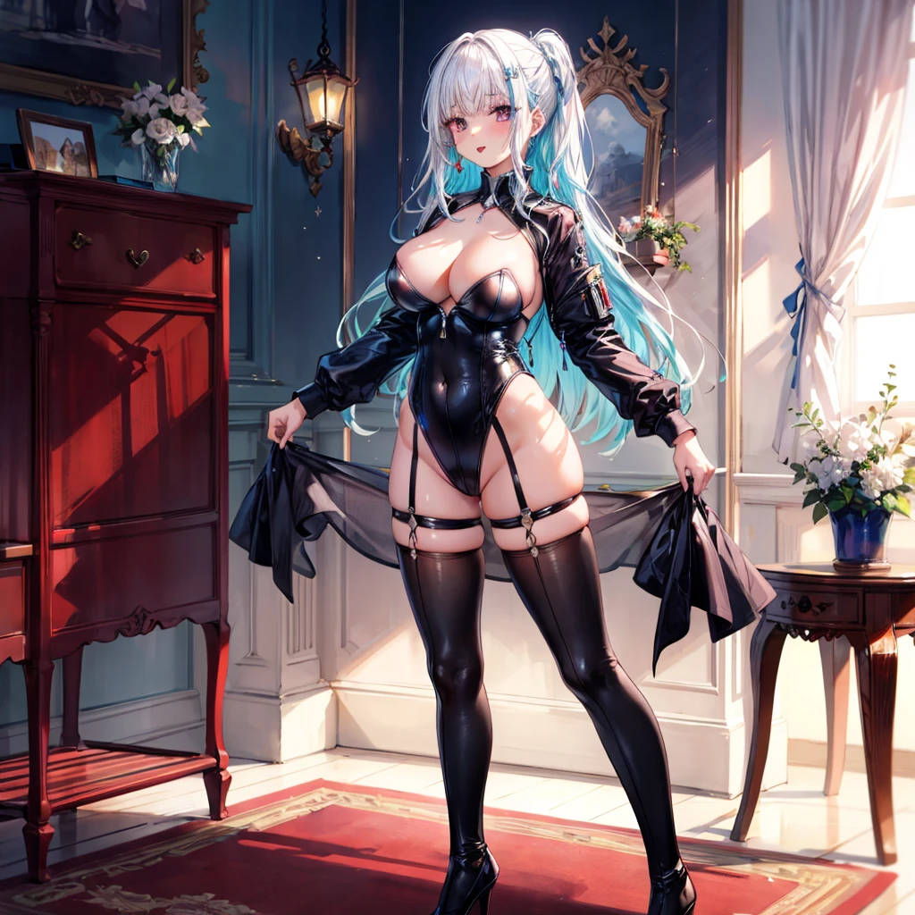 ((Highest quality)), ((masterpiece)), ((detailed)), this is a sexy woman with catsuit costume stands on a red table, 1girl, 独奏, breasts, thighhighs, navel, large breasts, high heels, long hair, tongue, zipper, leotard