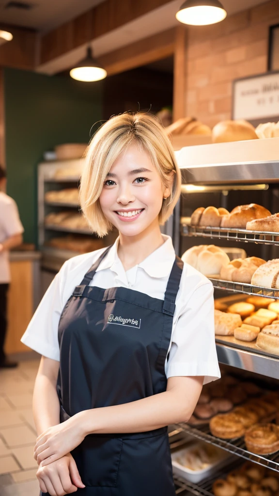 ((masterpiece,best quaLightingy 1.4)), (8k,RAW Photos:1.2), (Realistic,photo Realistic:1.4), Ultra-high resolution , (Highly detailed 8k wallpaper) ,Japanese Idols, Japanese actress, Japanese, very cute, Big eyes, smile、smile,teeth,Highly detailed eyes and face, Beautiful eyes in every detail,Glowing Skin,Portraiture,(Natural blonde short hair :1.2),(smile:1.3) ,(With oven:1.2),Bakery clerk、Bakery staff uniform、apron、Lighting, Sharp focus, Written boundary depth , (Dynamic Angle:1.4 ). Blur the background, Bokeh, ,Small bakery, A variety of breads lined up. inside the shop, There are many kinds of bread lined up... The background is a small brick-style bakery in the city.