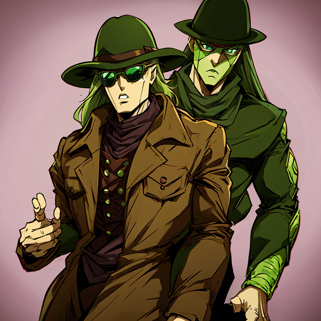 Green skin woman. Brown Hat. Brown Overcoat. Sunglasses. Dark green long hair. Jojo stand. Green suit