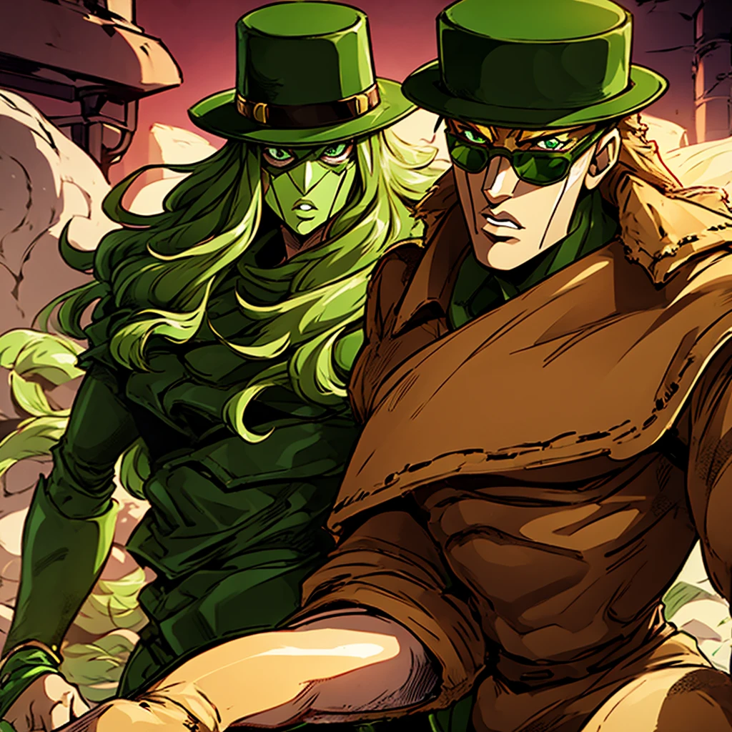 Green skin woman. Brown Hat. Brown Overcoat. Sunglasses. Dark green long hair. Jojo stand. Green suit