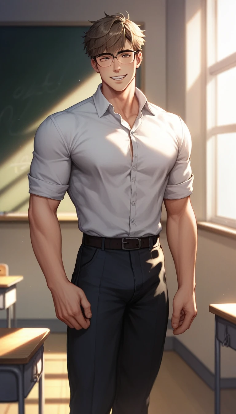 best quality, masterpiece, extremely detailed, handsome muscular young man, skinny build, messy curtain bangs, thick-rimmed glasses, fitted college uniform, standing in front of classroom, empty blackboard in the background, tilts head, innocent smile, gay, homoerotic, romantic atmosphere, ambient lighting, extremely dramatic shadows, perfection, no watermark, no logo, no signature