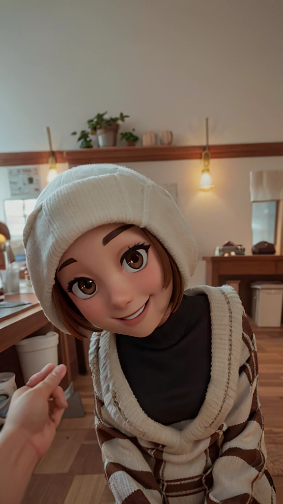 Woman identical to the image with brown eyes without hats and with a smile looking straight ahead with her face straight without inclinations