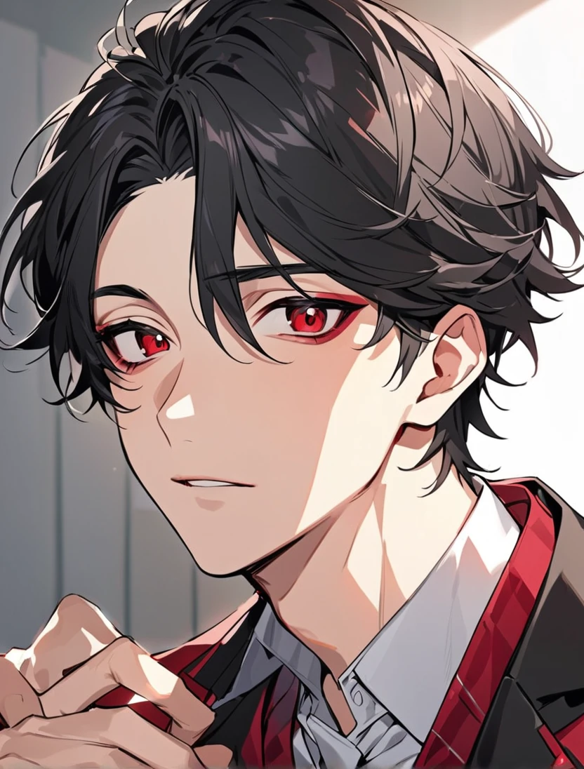 (black_hair), (short_hair), (red_ruby_eyes), (Handsome), (Attractive), (male), (unique_black_highschool_uniform), (detailed_Hair), (detailed_mouth), (Teenager), (dark_under_eyes), (japanese)