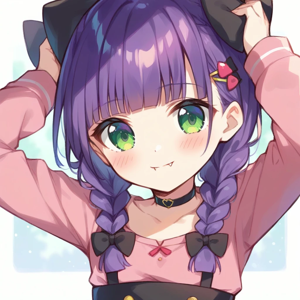 score_9, score_8_up, score_7_up, score_6_up, score_5_up, score_4_up, source_anime, clip skip：2
,Top quality, masterpiece, chibi character, peal purple and blunt bangs hair, twin braids, green eyes, blushing,fangs,(a girl with closs hair pin,
pink shirt,cosplay, jirai kei, bangs, black skirt, black bow, looking at viewer, bow, long sleeves, choker, ribbon,portrait  shot :1.4),A girl with her hands on the ground and her head down,