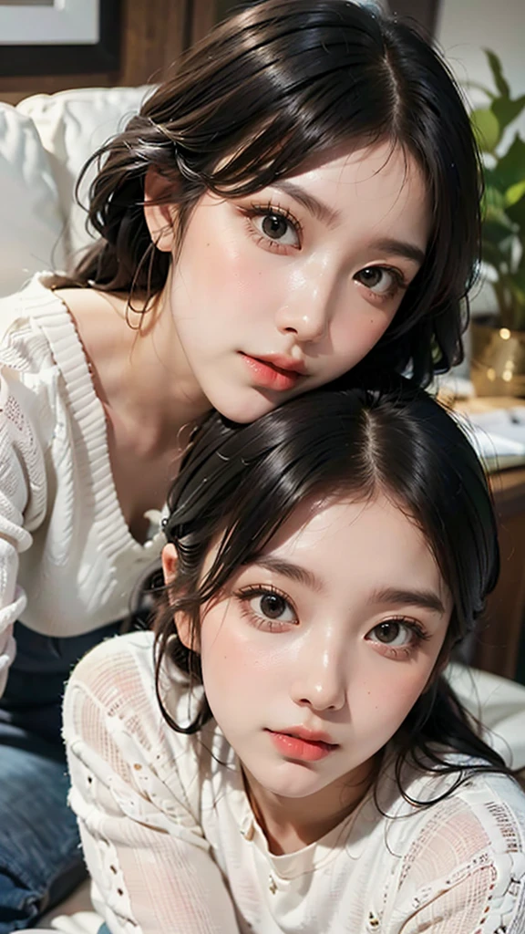 ((2 girl:1.3)), (Ultra Practical, high resolution), (Very detailed eyes, Highly detailed hair, highly Delicate face, Very detailed),  (best quality:1.4), RAW photos, (Practical, photo-Practical:1.37), Professional photography, light, (Delicate face: 1.2),(twins:1.3),Casual Clothes,Home Background，Detailed home scene，sofa，Green plants