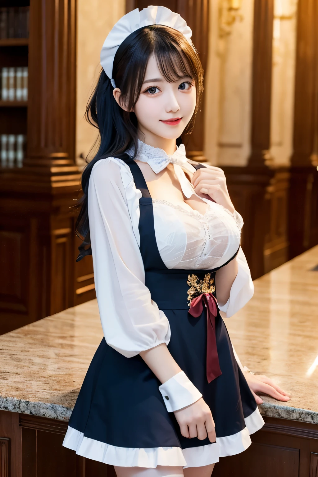Detailed image of a young female character standing in a grand hall lined with marble columns。She has short, wavy blue hair、Has side fringe、Adorned with a white frilly headband and blue ribbon。Big blue eyes are kind、He has a slightly sad expression、There is a slight redness on the cheeks。She is wearing a classic maid outfit.、In a black puff sleeve dress、White apron with lace trim、And a blue ribbon on the neckline.。The apron has gold teardrop decorations.、It is secured by a thin gold chain。She is holding the skirt of her dress with one hand、It is lifted a little、Her other hand is delicately placed to touch the ribbon on her chest.。In the background there is a blurred white decorative building.、The soft, indirect lighting creates a calm and elegant atmosphere.。smile、Large Breasts、Large Breasts、Random sexy poses、